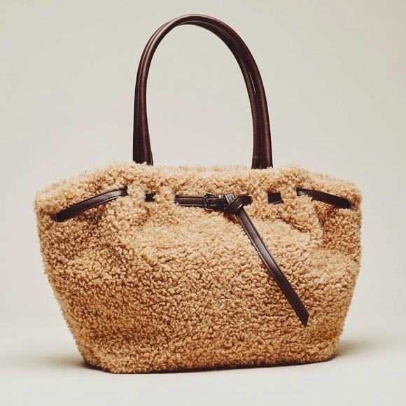 New Anthropologie Sherpa belted tote bag crossbody purse tan brown satchel - Picture 12 of 15